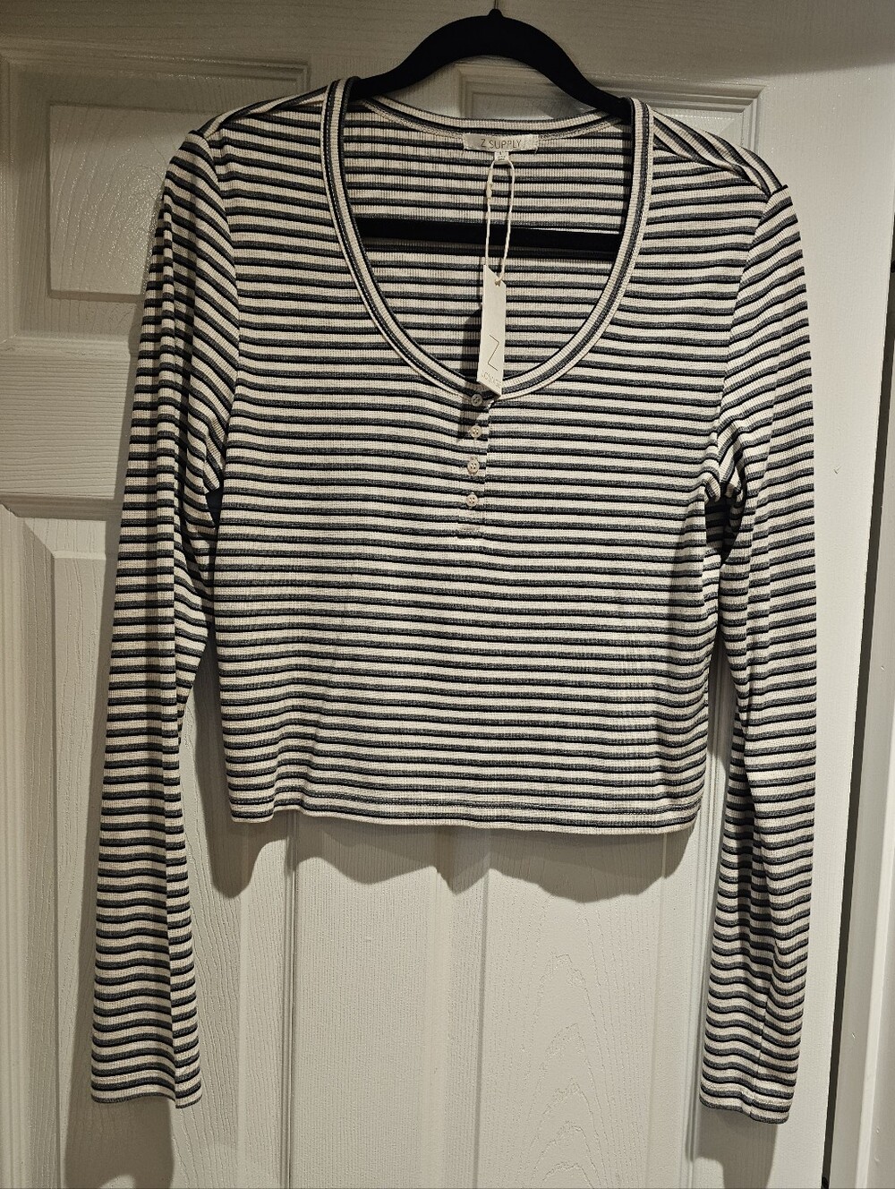 Z Supply Black and White Striped Long-Sleeve Henley Crop Top